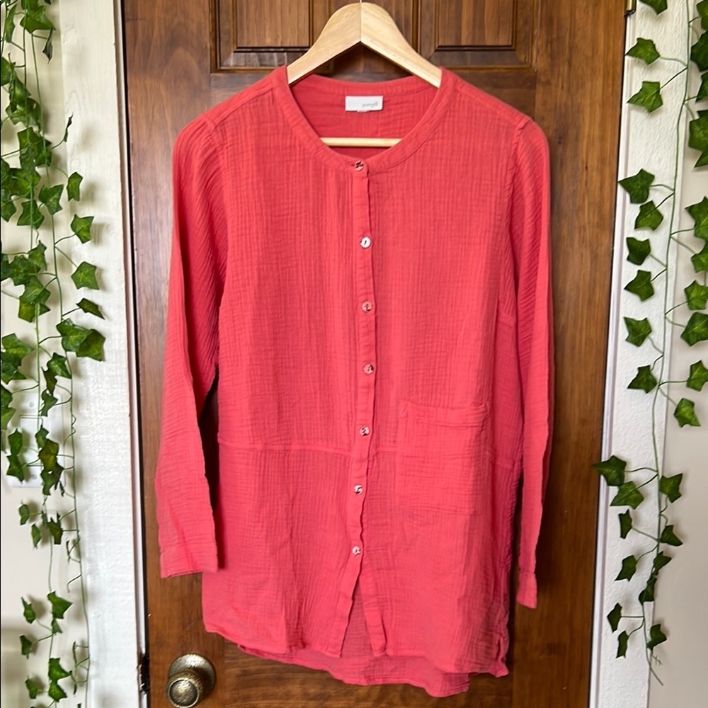 PUREJILL 100% Cotton Gauzy Button-Up Tunic Top in Coral